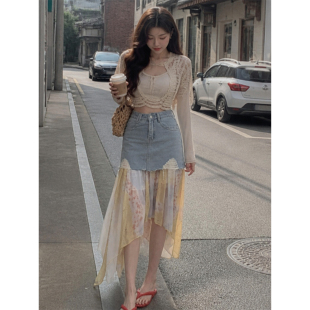 美式复古高腰破洞牛仔短裙女夏显瘦百搭ins潮设计感小众半身裙子