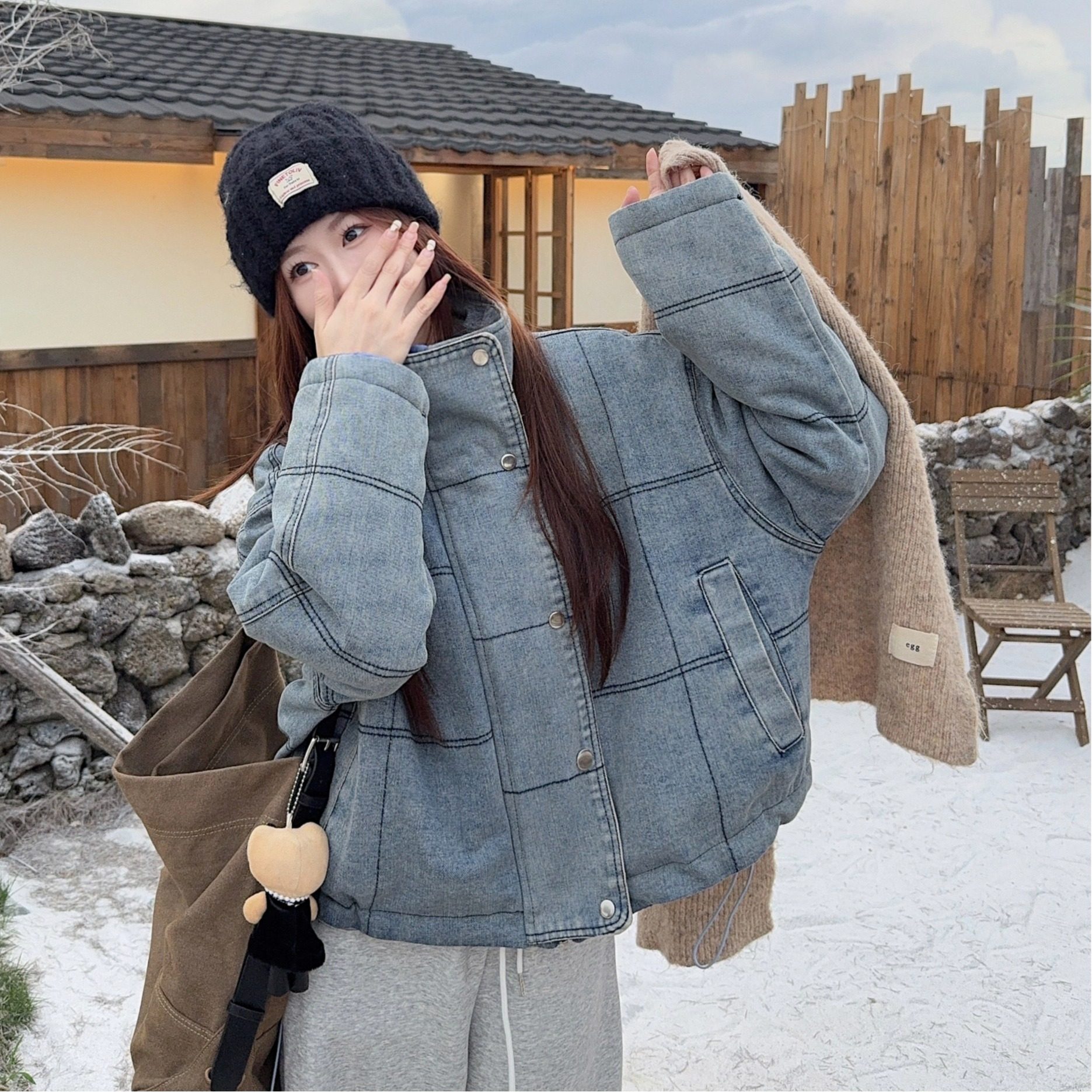 秋冬季复古做旧立领牛仔棉服外套女短款加厚显高显瘦保暖棉衣潮