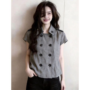 女学院风翻领修身 衬衫 辣妹上衣 复古风棕色格纹正肩短袖 双排扣时尚