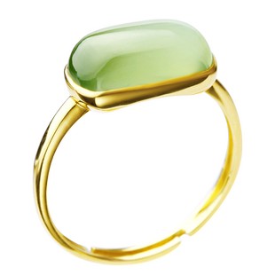 念玉18K黄金镶玉婚戒镶嵌天然和田玉荧光猫眼碧玉戒指方块玉活口