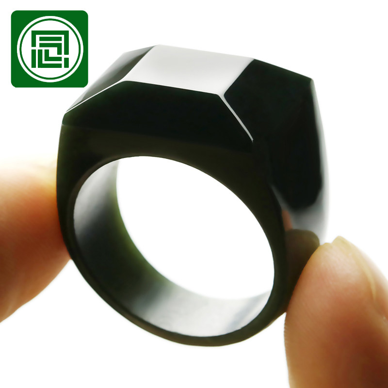 念玉新疆和田玉戒指天然黑青玉指环男款刻面切面戒子细料羊脂玉石