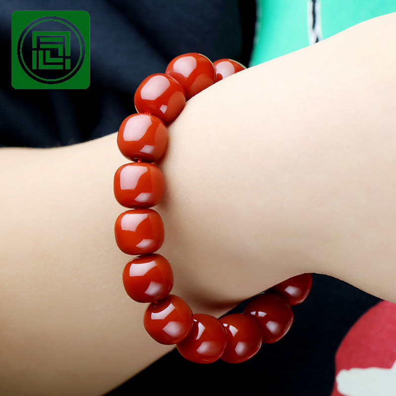 念玉天然凉山南红玛瑙手链男女款手串老型珠手链满肉火焰纹本命年