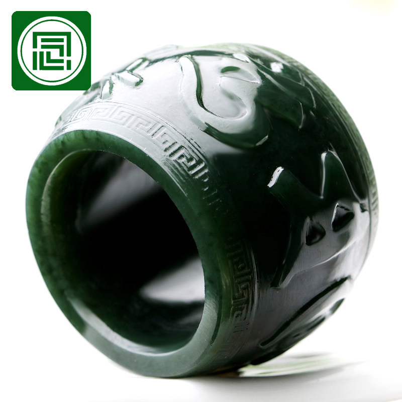 念玉新疆和田玉扳指环天然黑青玉板戒指男款玉石六字真言手把玩件