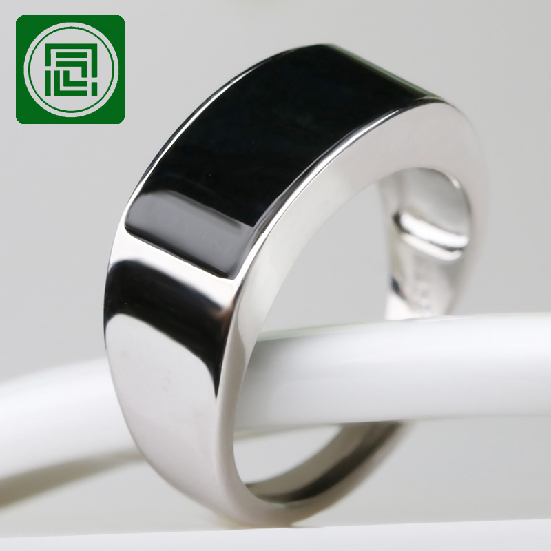 念玉正品和田玉戒指天然新疆墨玉戒子桥面925纯银镶嵌活口黑羊脂