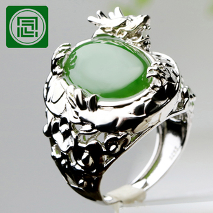 念玉新疆和田玉戒指天然碧玉戒子活口盘龙头925纯银镶嵌玉石男款