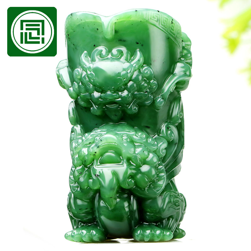 念玉新疆和田玉手把件爵杯玉石分酒器天然碧玉小摆件仿古貔貅兽头