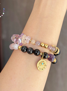 原创手作黑曜石紫水晶手串 个性小众设计师款 按手围定制