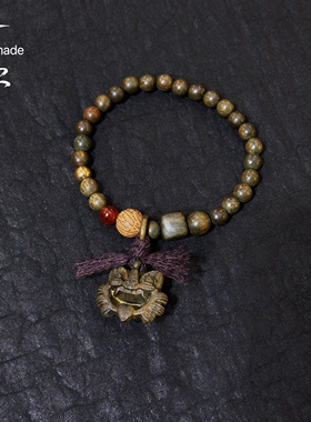 原创手作云南瓦猫手链 绿檀木情侣手链 好运平安手串