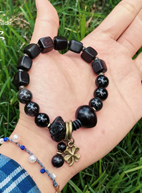 原创设计手工串珠黑檀木菩提子手串个性小众复古新中式手链