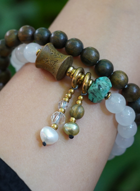 一安手作 绿檀木双圈叠戴手链 清冷感小众手串