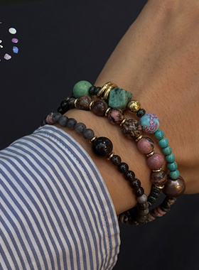 一安手作 原创手工天然石进口琉璃米珠三圈叠戴手链项链 个性手链