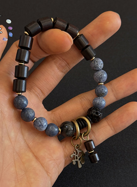 一安手作 原创手作复古手串 个性小众蓝色手串 黑檀木百搭手串
