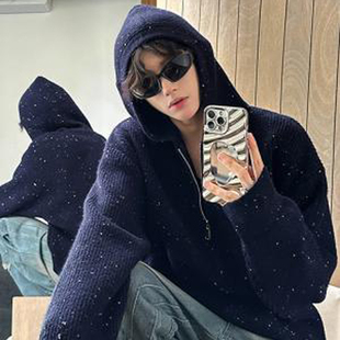 高街风港式ins宽松满天星连帽拉链毛衣外套男潮牌外穿开衫针织衫