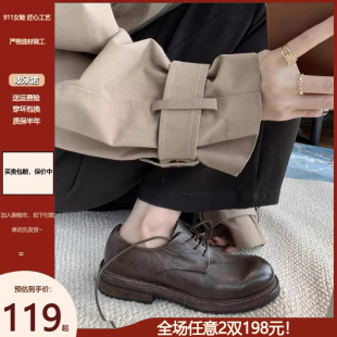 单鞋 女粗跟百搭软皮棕色德比鞋 英伦复古圆头系带小皮鞋 敲软牛皮