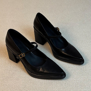 牛皮版~8cm增高防滑高跟凉鞋女黑色尖头一字带浅口粗跟玛丽珍单鞋