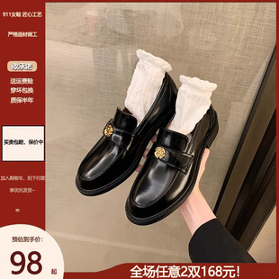 通勤粗跟单鞋 女英伦复古黑色小皮鞋 真皮厚底山茶花乐福鞋 千金感