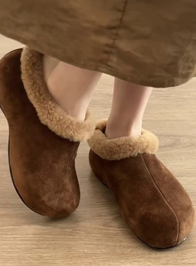 羊毛版~内增高4cm加绒毛毛拖鞋女复古保暖勃肯鞋懒人一脚蹬棉拖鞋