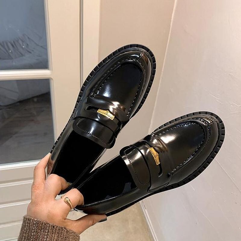 气质拿捏~真皮厚底金币乐福鞋女英伦风一脚蹬黑色小皮鞋粗跟单鞋