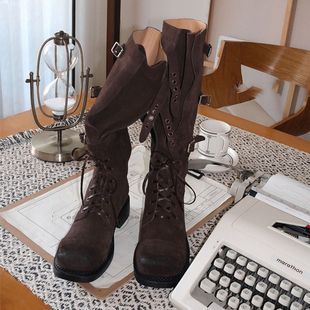羊皮版 绑带高筒骑士靴搭扣不过膝长靴 英伦方头粗跟长筒靴女冬季
