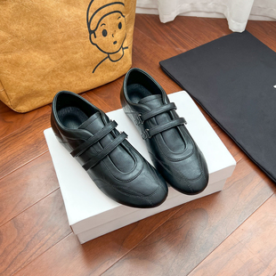真皮内增高黑色机能风单鞋女新款魔术贴通勤复古休闲鞋百搭芭蕾鞋