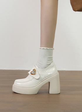 牛皮版~英伦风厚底增高乐福鞋女白色粗跟小皮鞋金属水钻百搭单鞋