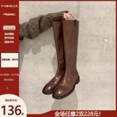 复古辣妹 真皮复古后拉链不过膝长靴女显瘦粗跟中筒靴长筒骑士靴