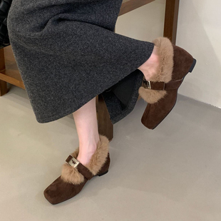 加绒保暖玛丽珍鞋 女秋冬浅口单鞋 英伦方头粗跟毛毛乐福鞋 羊毛版