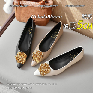 小香风金属花朵通勤尖头鞋 羊皮版 女时尚 单鞋 气质5CM内增高爆款