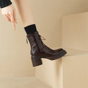 牛皮版 靴后拉链系带短靴 内增高6cm英伦圆头粗跟马丁靴女加绒时装