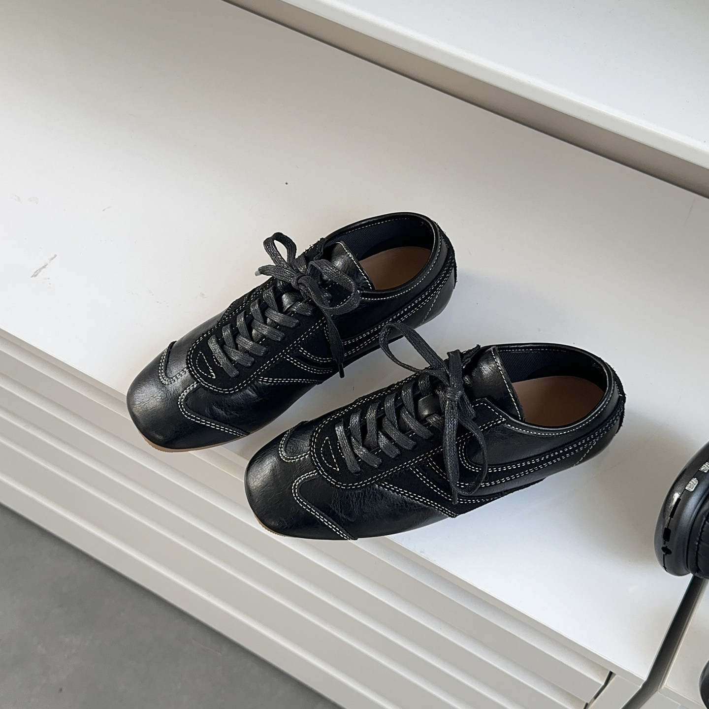 真皮复古拼接德训鞋女舒适平底休闲运动鞋时尚系带阿甘鞋圆头板鞋