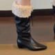 靴加绒褶皱黑色棉鞋 牛皮 内增高5CM尖头系带长靴女秋冬不过膝时装