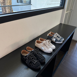 增高板鞋 女百搭做旧休闲运动鞋 真皮复古黑武士星星小脏鞋 牛皮版