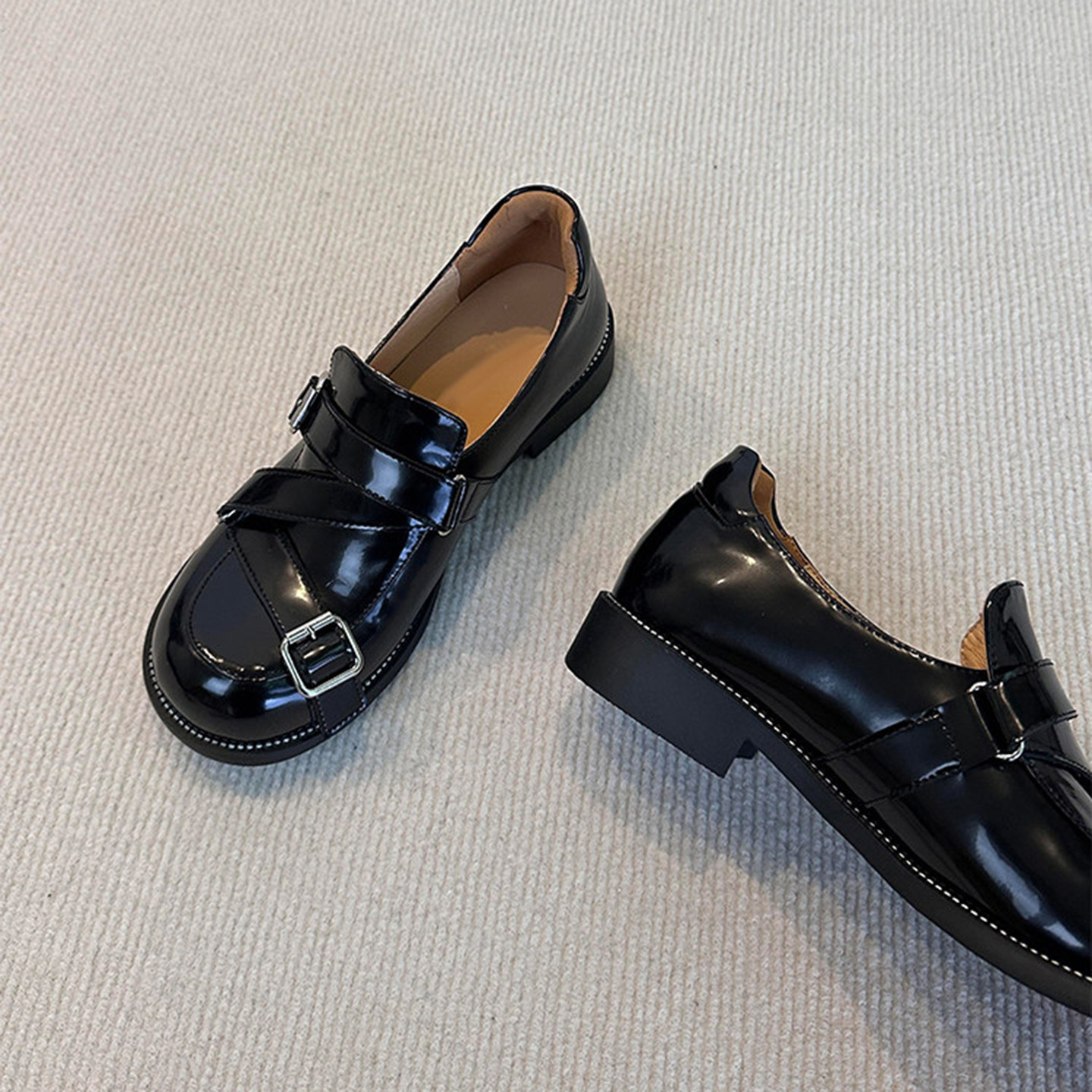 牛皮版~英伦小众皮带扣小皮鞋女2026年新款圆头单鞋一脚蹬乐福鞋,女鞋,乐福鞋（豆豆鞋）,淘宝优惠券,粉丝福利购,淘宝优惠卷