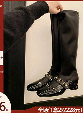 名媛风~气质方头铆钉一字带白色瘦瘦长靴女弹力粗跟不过膝骑士靴