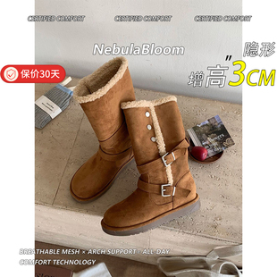 羊毛版 气质百搭厚底雪毛毛地靴女复古加绒翻毛中筒靴马丁靴 韩版