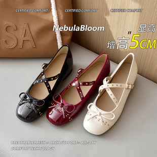 女气质配裙子5CM内增高浅口单鞋 羊皮版 仙女芭蕾风蝴蝶结玛丽珍鞋