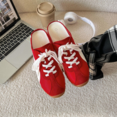 羊皮 透气网面懒人一脚蹬休闲拖鞋 内增高5cm系带包头半拖鞋 女新款