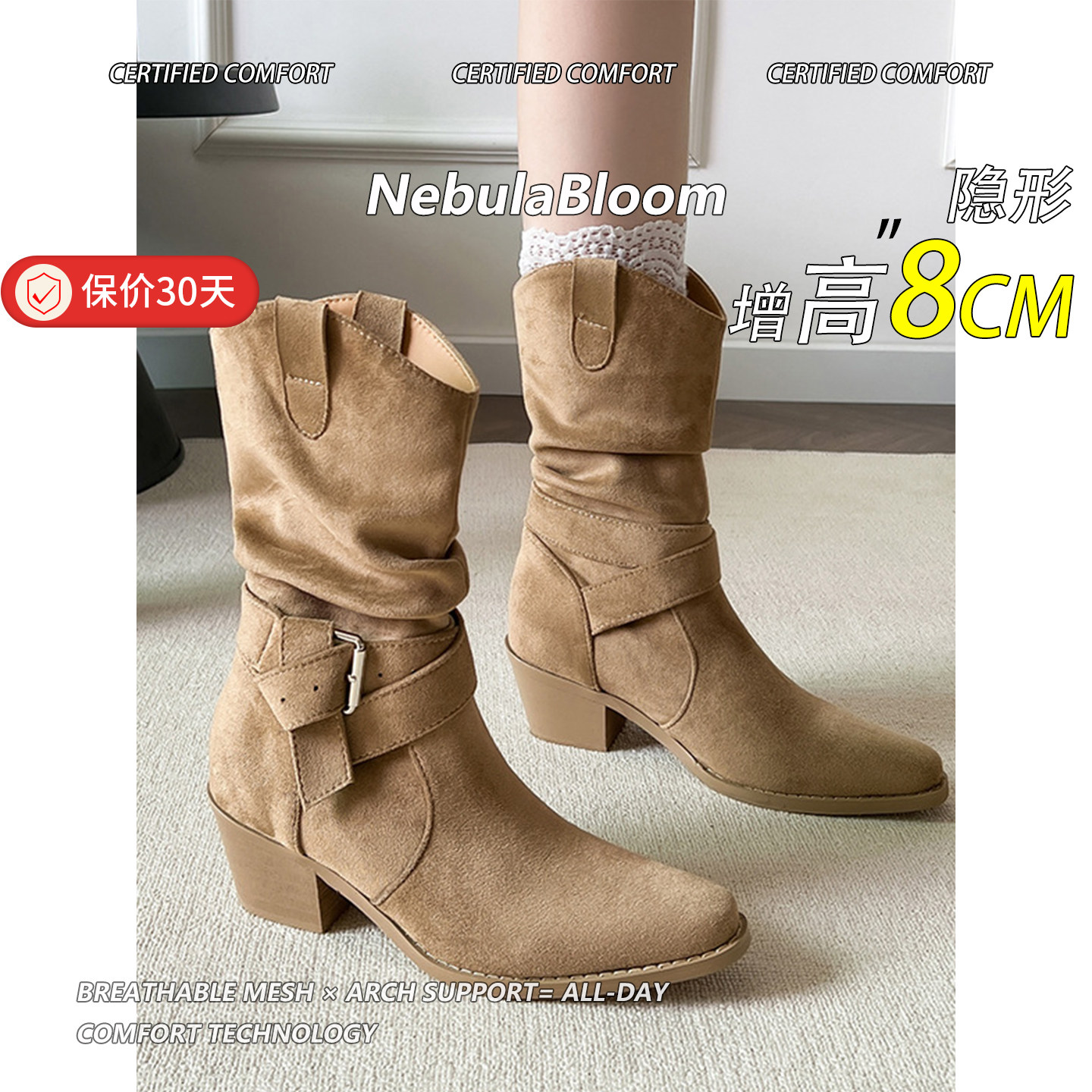 羊皮版~英伦风尖头粗跟堆堆靴女秋冬季高跟复古皮带扣褶皱骑士靴