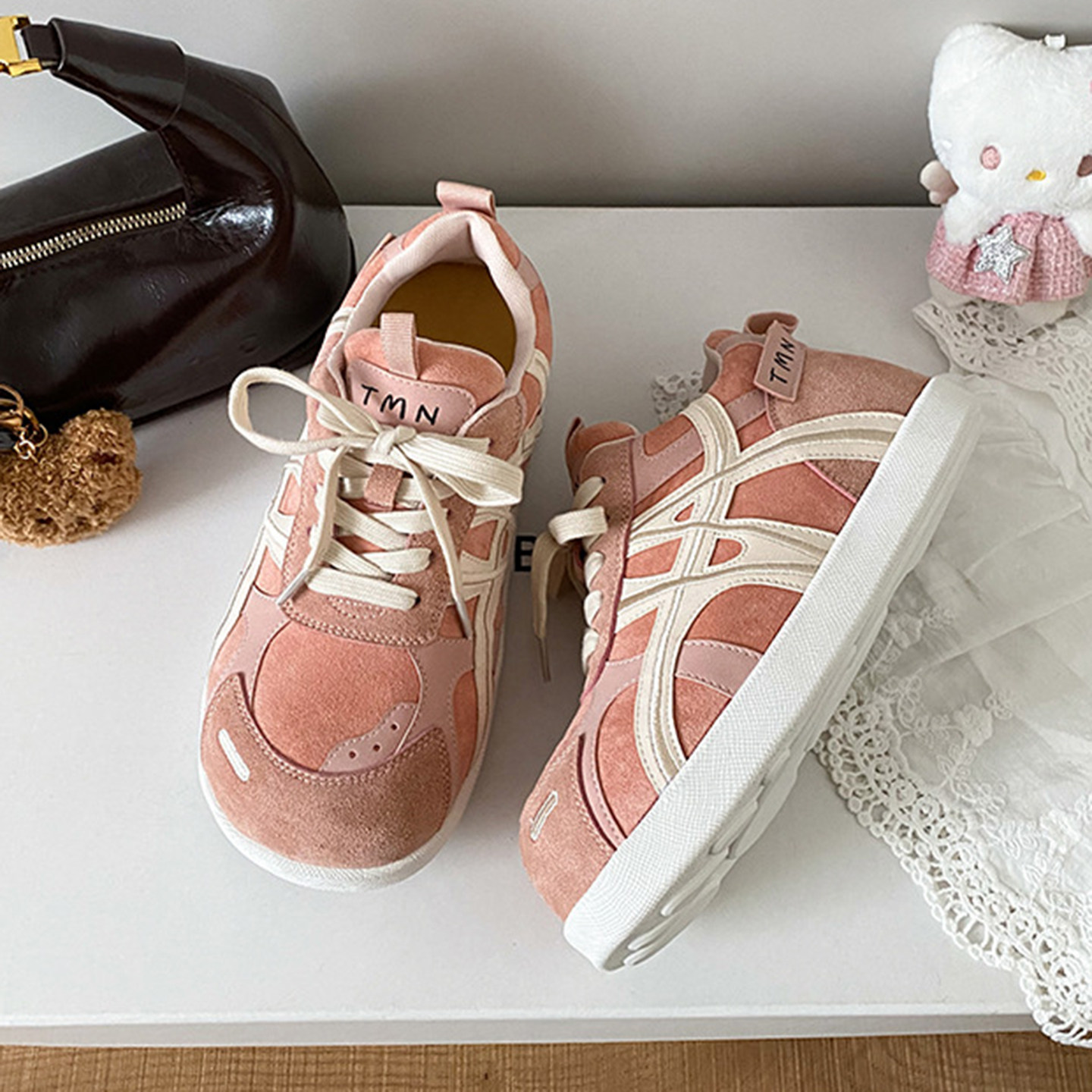 羊皮版~圆头内增高真皮厚底德训鞋女春秋绑带低帮大头面包运动鞋