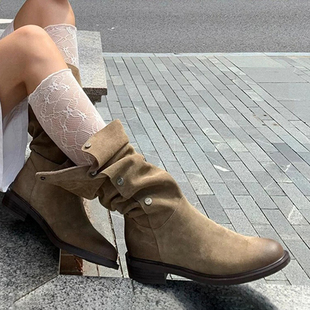 羊皮版 靴 圆头厚底两穿高筒长靴女秋冬英伦休闲百搭粗跟堆堆时装