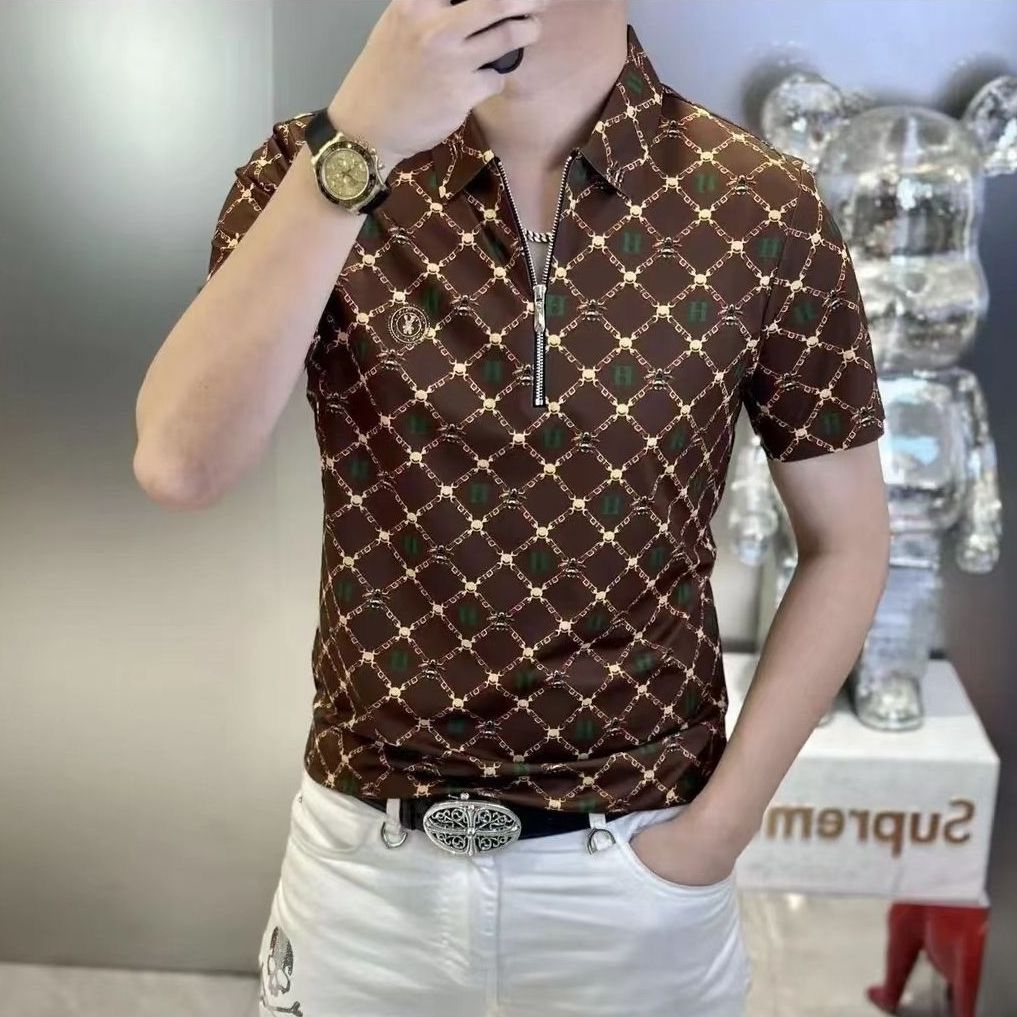 夏季新款男士短袖T恤Polo衫韩版修身时尚痞帅印花弹力百搭半袖潮