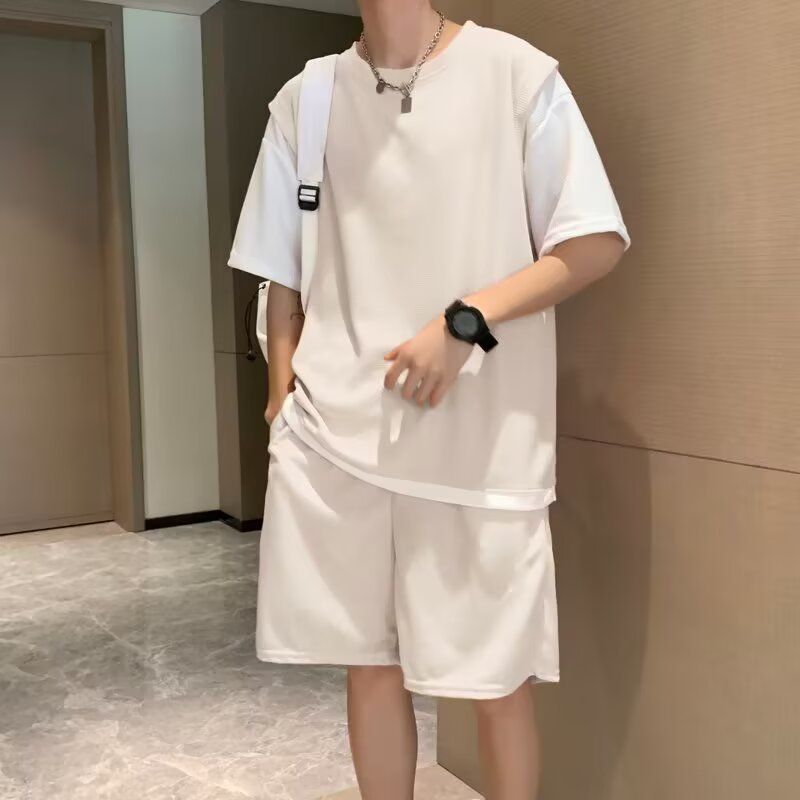 冰丝休闲套装男夏季篮球运动服青少年短袖短裤一套帅气搭配两件套