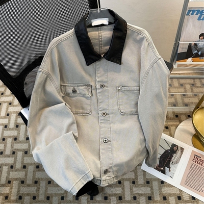 灰色拼接pu皮领牛仔外套男女春季款中性工装褂子美式高街情侣夹克