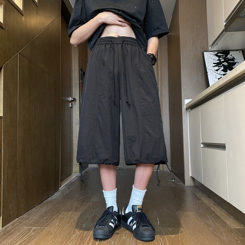 山本风阔腿七分裤男款夏季薄款冰丝工装短裤宽松休闲美式八分裤子