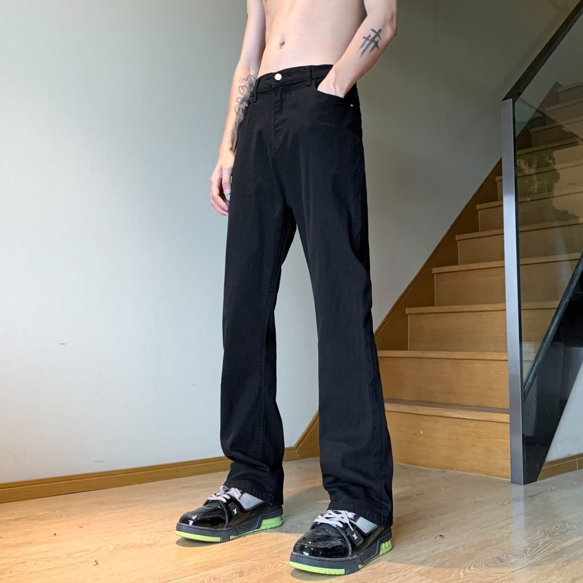 美式vibe高街裤子cleanfit水洗黄泥牛仔裤修身直筒窄版微喇裤