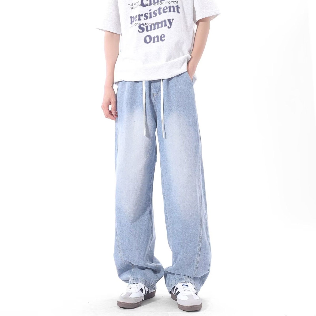 男士浅色冰丝薄款牛仔裤男宽松直筒夏季薄款垂感阔腿裤休闲长裤子