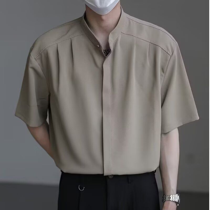 新中式立领男士衬衫短袖夏季冰丝痞帅高级感男装七分中袖无领衬衣