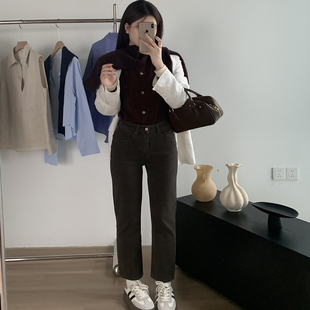 右格Jeans牛仔裤女休闲高腰修身显瘦小个子九分加绒直筒裤烟管裤