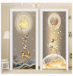 轻奢麋鹿门贴纸整张自粘装 饰旧门翻新房门衣柜门玻璃门防走光贴画