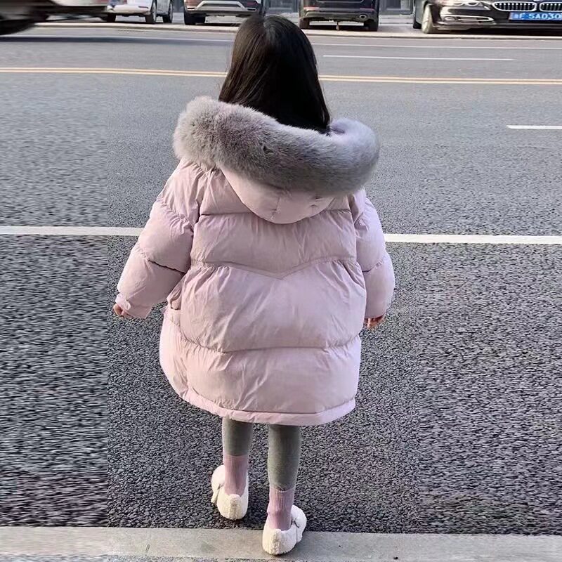 女童洋气大毛领羽绒棉服儿童中长款棉衣秋冬款加厚保暖棉袄外套潮